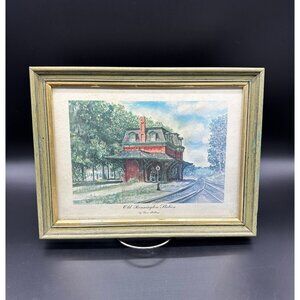 Vtg Wall Hanging Print Old Bennington Train Station Green Wood Frame Railroad